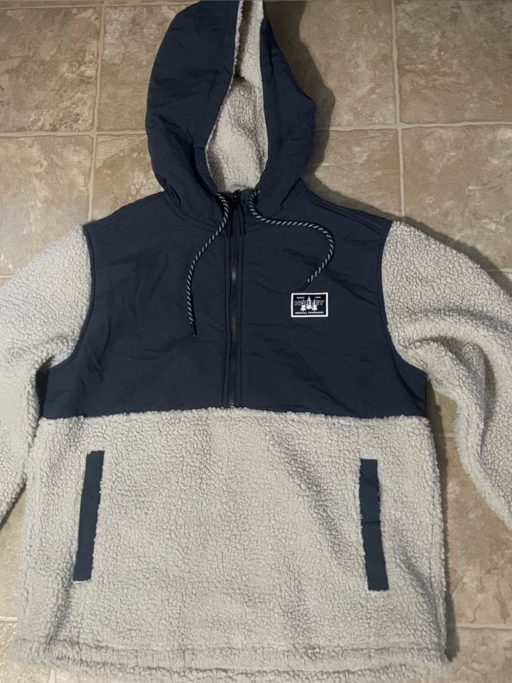 Hurley Navy and Cream Sherpa Hooded Puffer Jacket